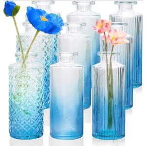Set of 9 Mini Blue Glass Bud Vases for Table Decor Centerpieces
